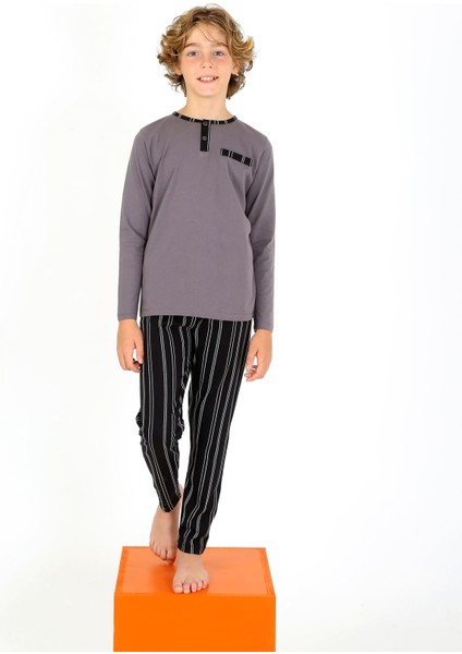 Erkek Çocuk Uzun Kollu %100 Pamuklu Düğme Detaylı Pijama Takımı Classic fiyatları