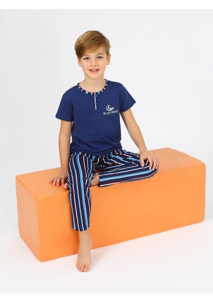 Erkek Çocuk Kısa Kollu %100 Pamuklu Düğme Detaylı Blue Wave Pijama Takımı Indigo