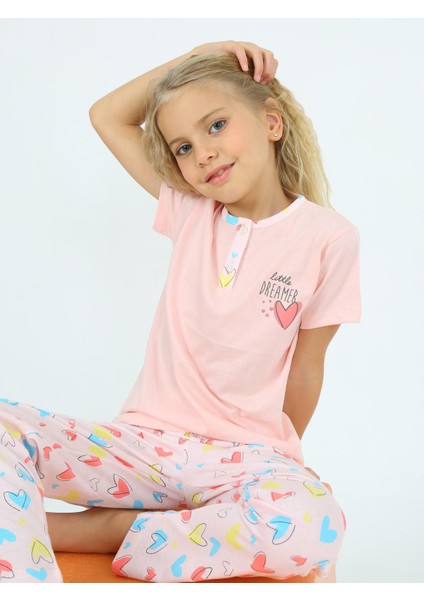 Kız Çocuk Kısa Kollu Pamuklu Düğme Detaylı Little Dreamer Pijama Takımı Somon