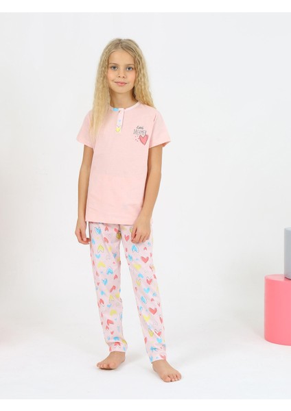 Kız Çocuk Kısa Kollu Pamuklu Düğme Detaylı Little Dreamer Pijama Takımı Somon