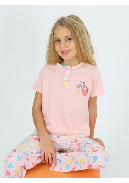 Kız Çocuk Kısa Kollu Pamuklu Düğme Detaylı Little Dreamer Pijama Takımı Somon