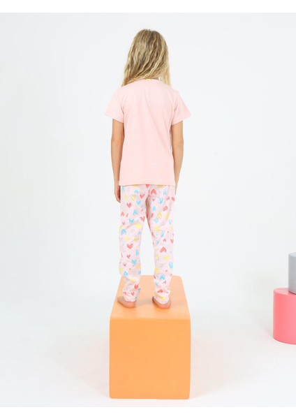 Kız Çocuk Kısa Kollu Pamuklu Düğme Detaylı Little Dreamer Pijama Takımı Somon