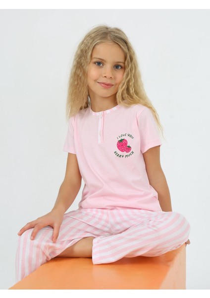 Kız Çocuk Kısa Kollu Pamuklu Strawberry Pijama Takımı Pembe