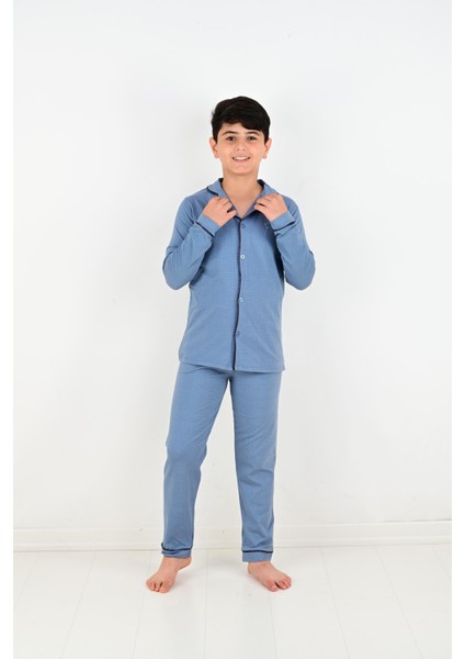 Erkek Çocuk Uzun Kollu %100 Pamuklu Düğmeli Pijama Takımı Mini Kare