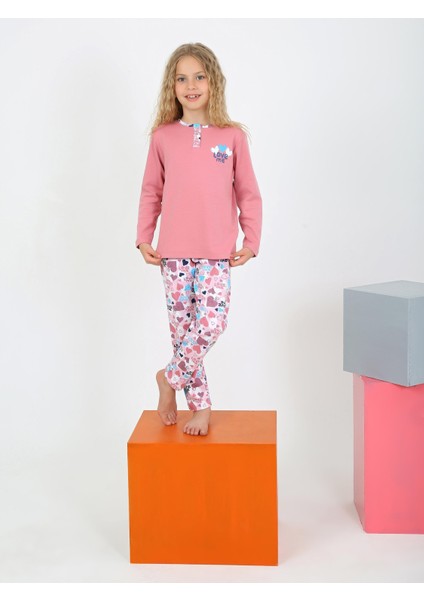 Kız Çocuk Uzun Kollu Pamuklu Düğme Detaylı Pijama Takımı Love Me