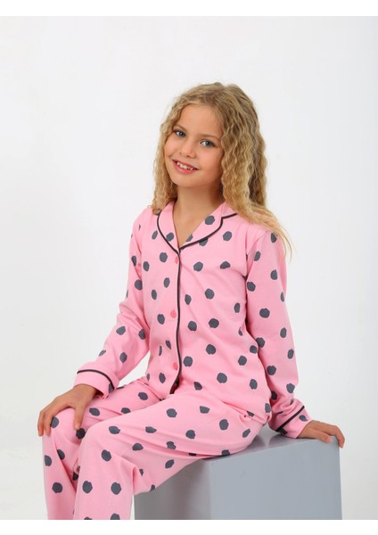 Kız Çocuk Uzun Kollu %100 Pamuklu Düğmeli Pijama Takımı Soft