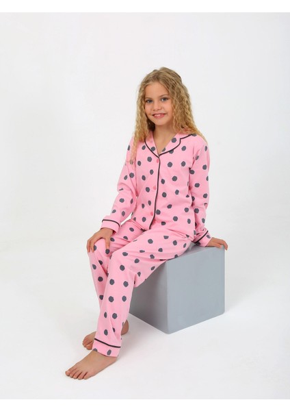 Kız Çocuk Uzun Kollu %100 Pamuklu Düğmeli Pijama Takımı Soft