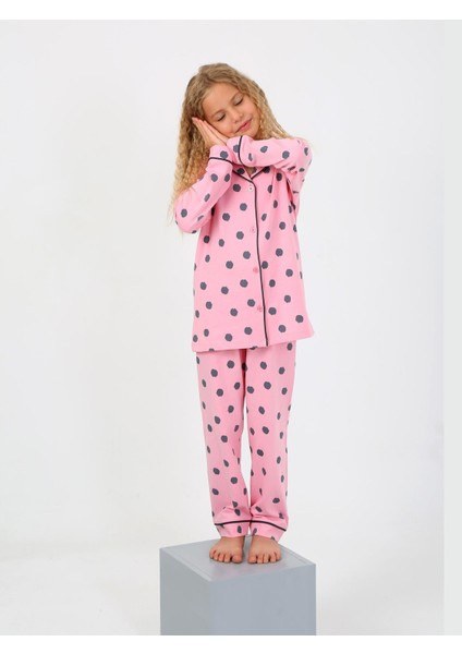 Kız Çocuk Uzun Kollu %100 Pamuklu Düğmeli Pijama Takımı Soft
