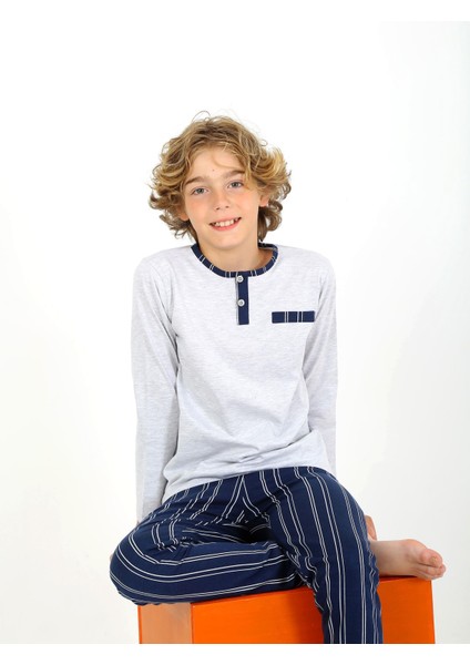 Erkek Çocuk Uzun Kollu %100 Pamuklu Düğme Detaylı Pijama Takımı Classic modelleri