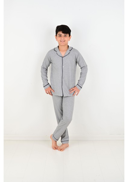 Erkek Çocuk Uzun Kollu %100 Pamuklu Düğmeli Pijama Takımı Mini Kare