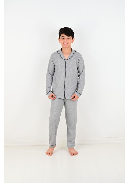 Erkek Çocuk Uzun Kollu %100 Pamuklu Düğmeli Pijama Takımı Mini Kare modelleri
