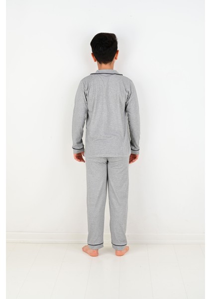 Erkek Çocuk Uzun Kollu %100 Pamuklu Düğmeli Pijama Takımı Mini Kare fırsatları