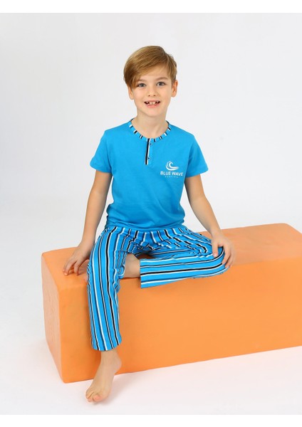 Erkek Çocuk Kısa Kollu %100 Pamuklu Düğme Detaylı Wave Pijama Takımı