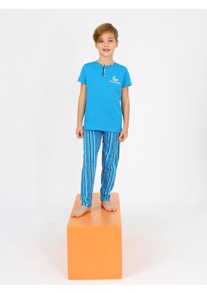 Erkek Çocuk Kısa Kollu %100 Pamuklu Düğme Detaylı Wave Pijama Takımı