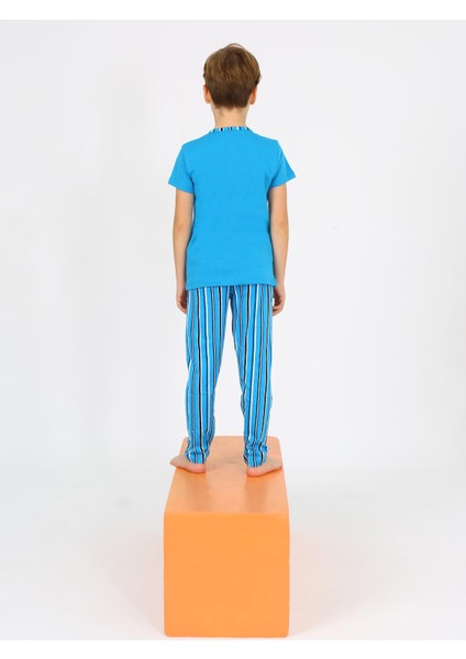Erkek Çocuk Kısa Kollu %100 Pamuklu Düğme Detaylı Wave Pijama Takımı
