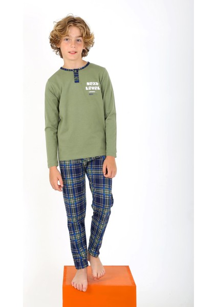 Erkek Çocuk Uzun Kollu %100 Pamuklu Düğme Detaylı Pijama Takımı Next Level