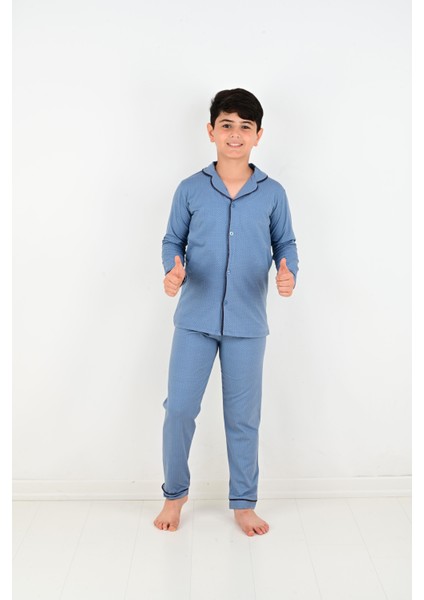 Erkek Çocuk Uzun Kollu %100 Pamuklu Düğmeli Pijama Takımı Mini Kare