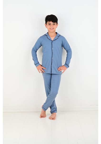 Erkek Çocuk Uzun Kollu %100 Pamuklu Düğmeli Pijama Takımı Mini Kare