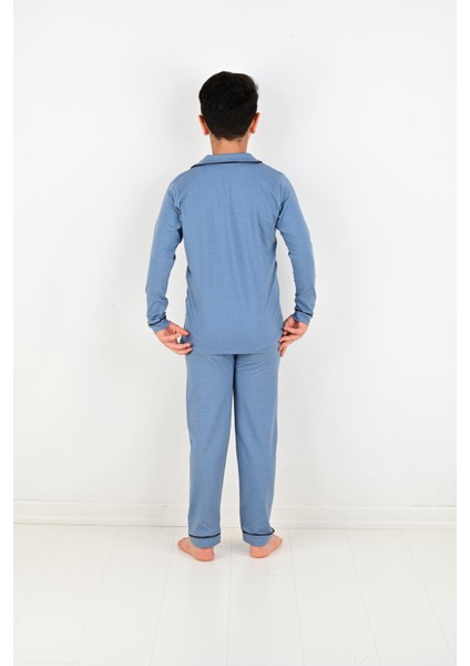 Erkek Çocuk Uzun Kollu %100 Pamuklu Düğmeli Pijama Takımı Mini Kare