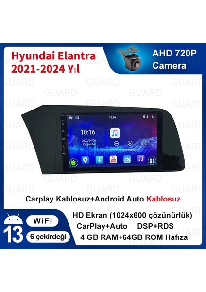 Hyundai Elantra 2021-2024 Android Kablosuz Carplay Navigasyon Multimedya 9 Inch Ekran 4G Ram + 64GB Hafıza Çerçeveli ve arka görüş kameralı