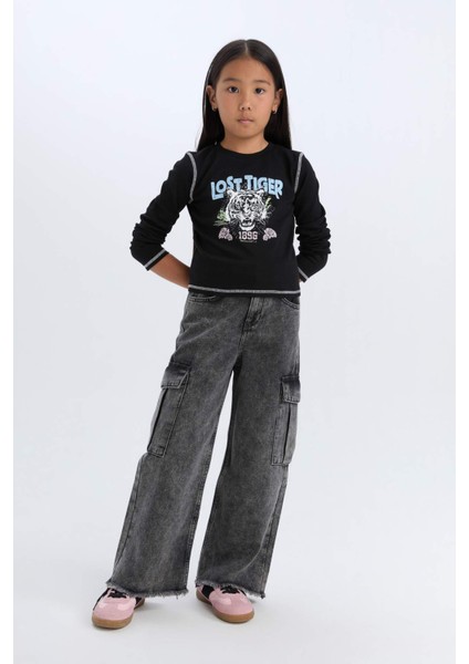 Kız Çocuk Cropped Fit Bisiklet Yaka Baskılı Fitilli Kaşkorse Uzun Kollu Tişört D3430A824WN fiyatları