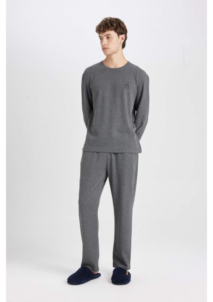 Pijama Takımı Bisiklet Yaka Baskılı Uzun Kollu Üst Uzun Alt D0945AX24WN