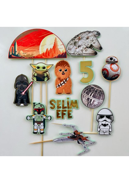Star Wars Karakterleri Temalı Erkek Çocuk Doğum Günü İsme Özel Kişiselleştirilebilir 3D Pasta Parti Süsü Seti