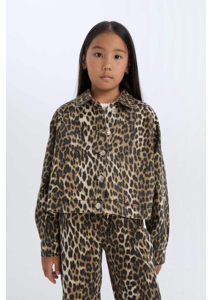 Kız Çocuk Leopar Desenli Düğmeli Gabardin Uzun Kollu Gömlek Ceket E2773A824WN
