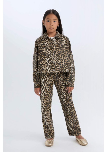 Kız Çocuk Leopar Desenli Düğmeli Gabardin Uzun Kollu Gömlek Ceket E2773A824WN