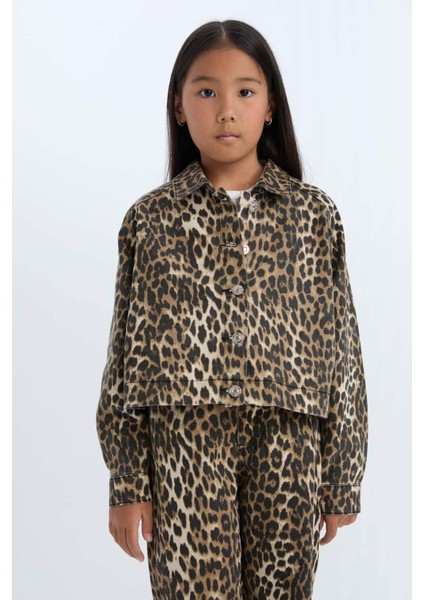 Kız Çocuk Leopar Desenli Düğmeli Gabardin Uzun Kollu Gömlek Ceket E2773A824WN