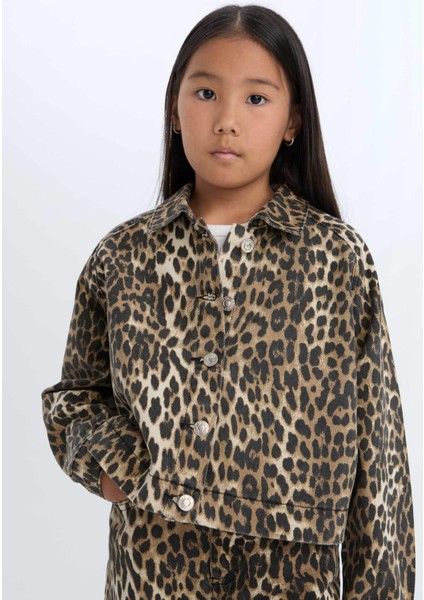 Kız Çocuk Leopar Desenli Düğmeli Gabardin Uzun Kollu Gömlek Ceket E2773A824WN