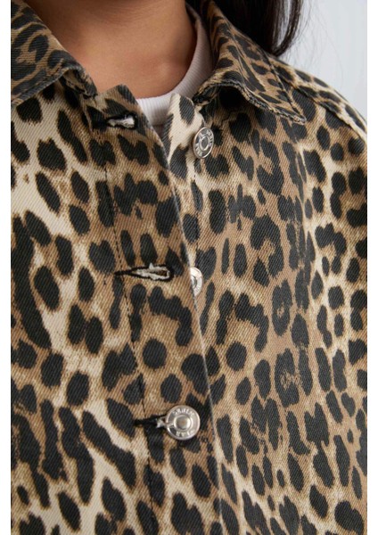 Kız Çocuk Leopar Desenli Düğmeli Gabardin Uzun Kollu Gömlek Ceket E2773A824WN