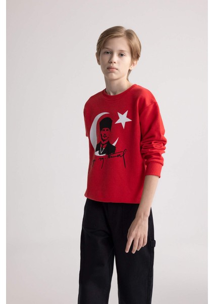 Erkek Çocuk Bisiklet Yaka Atatürk Baskılı Kırmızı Sweatshirt D8199A824WN