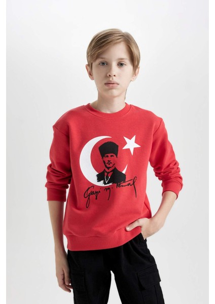 Erkek Çocuk Bisiklet Yaka Atatürk Baskılı Kırmızı Sweatshirt D8199A824WN