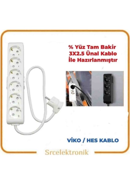 Multi-Let 6 Li Ünal Kablolu Beyaz (1 ile 10 Metre Arası) Topraklı Çocuk Korumalı Uzatma ( 3x2.5 Ünal Kablo Tam Bakır) Ttr Kablo Tseli HO5VV-F