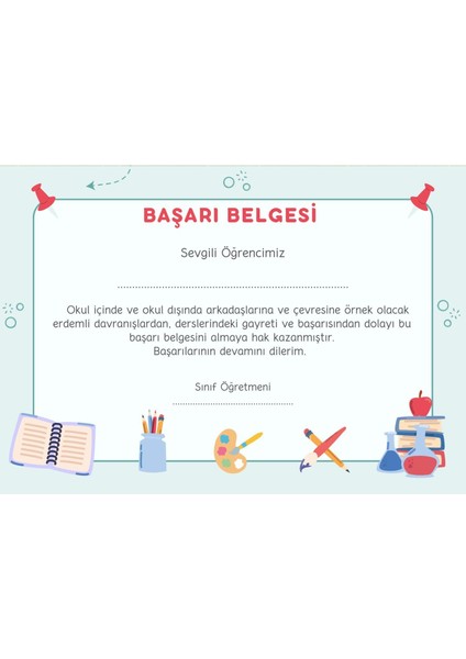 20 Adet A4 Boyutunda Öğrenci Başarı Belgesi - Anaokul – İlkokul (Model 5)