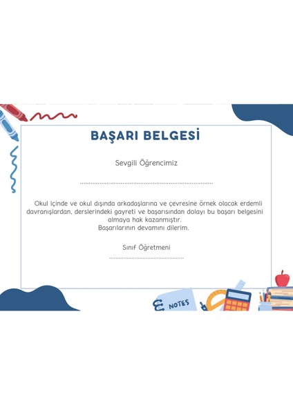 20 Adet A4 Boyutunda Öğrenci Başarı Belgesi - Anaokul - Ilkokul Başarı Belgesi (Model 10)