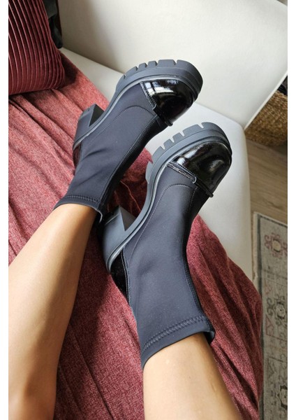 022 2416 Topukla Kadın Steç Dalgıç Kumaş Deri 6 cm Platform Topuklu Bot