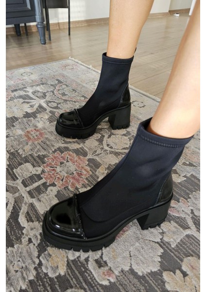 022 2416 Topukla Kadın Steç Dalgıç Kumaş Deri 6 cm Platform Topuklu Bot fiyatları