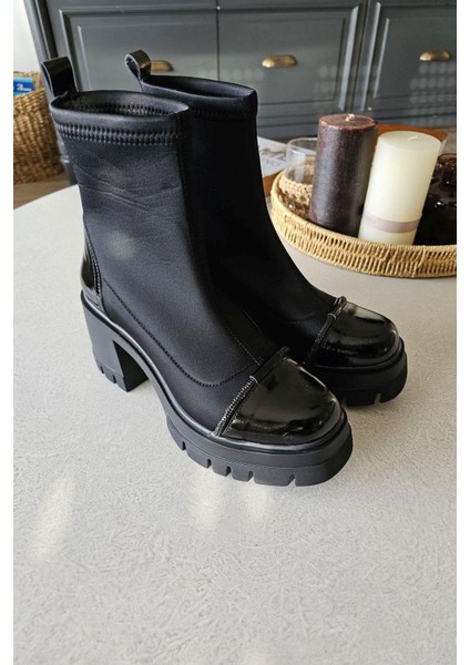 022 2416 Topukla Kadın Steç Dalgıç Kumaş Deri 6 cm Platform Topuklu Bot modelleri