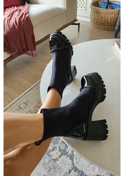 022 2416 Topukla Kadın Steç Dalgıç Kumaş Deri 6 cm Platform Topuklu Bot fırsatları