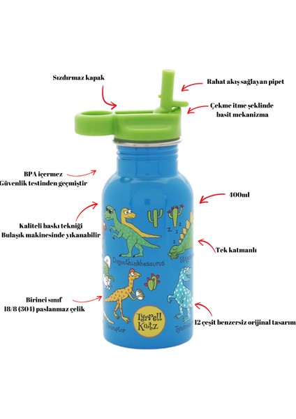 400 ml Pipetli Paslanmaz Çelik Matara Dıno