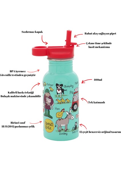 400 ml Pipetli Paslanmaz Çelik Matara Farmyard