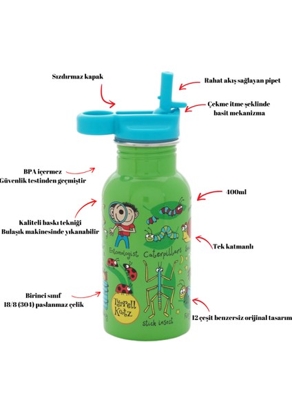 400 ml Pipetli Paslanmaz Çelik Matara Bugs