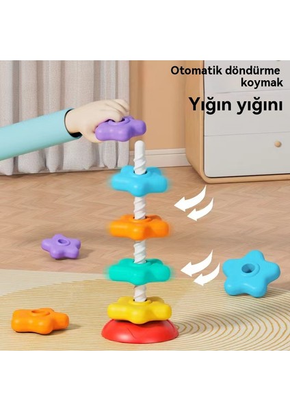 Rainbow Star Stacking Music Rotating Tower Baby Ring Rotating Music 0-2 Yaşlı Baby Puzzle Early Education Game (Yurt Dışından)