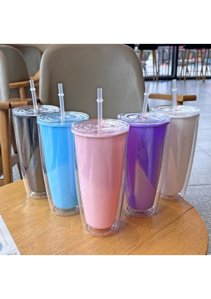 Yeni Erkek ve Kadın Çift Saman Su Bardağı Basit Büyük Kapasiteli Çift Katmanlı Plastik Bardak Açık Taşınabilir Taşınabilir Bardak 720ML Top Topu ile (Yurt Dışından)