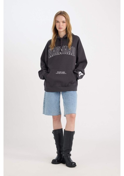 Harvard University Oversize Geniş Kalıp Kapüşonlu Cepli Kalın Sweatshirt D7000AX24WN