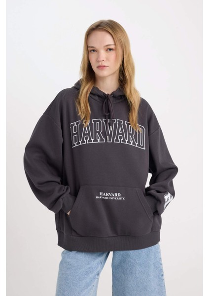 Harvard University Oversize Geniş Kalıp Kapüşonlu Cepli Kalın Sweatshirt D7000AX24WN