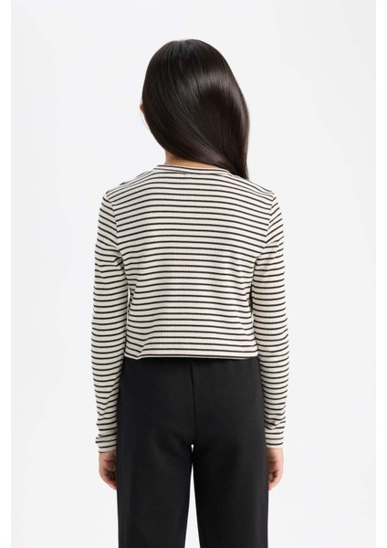 Kız Çocuk Cropped Fit Polo Yaka Çizgili Fitilli Kaşkorse Uzun Kollu Tişört D3368A824AU indirimleri