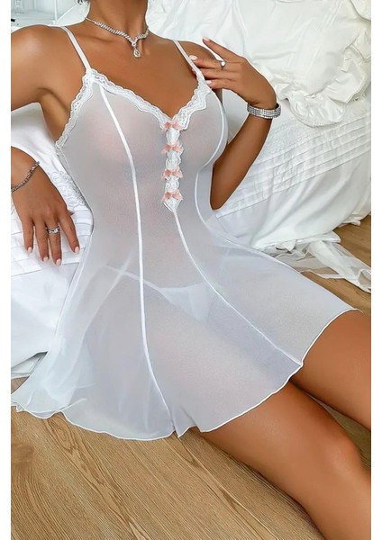 MOTTO10BUTIK Ynt Beyaz Fiyonk Detaylı Transparan Gecelik 15900 fiyatları